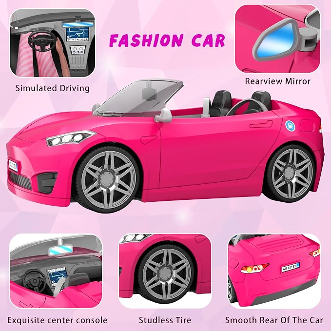 MINIFUN 91 Pcs Doll Convertible Car Set, Doll Clothes and Accessories, Doll Playset Dress up Toys for Girls Kids Toddlers, Gift Toys for Age 3 4 5 6 7 8