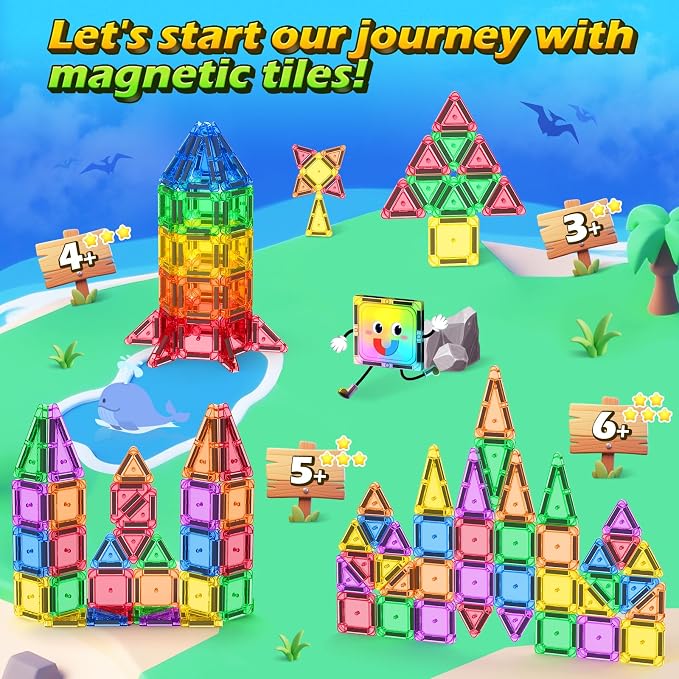 Soyee Mini Magnetic Tiles Travel Toddler Toys with Metal Tin Portable STEM Building Kids Toys for 3 4 5 6 7 8+ Years Old Boys & Girls & Birthday Gifts