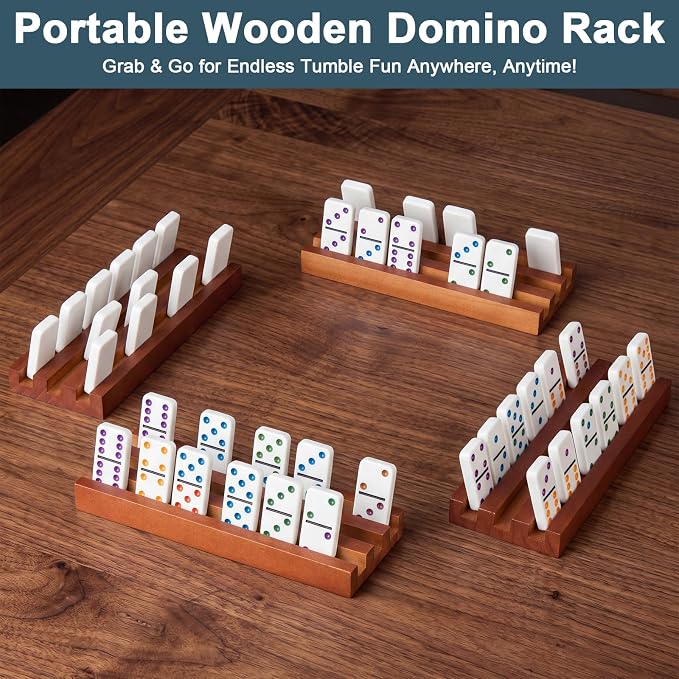Soulchen Walnut Wood Color Wooden Domino Racks Set of 4, Wood Domino Tiles Trays Holders Organizer for Mexican Train Classic Board Accessories, Dominoes Not Included (7.1 x 2.8 Inch)
