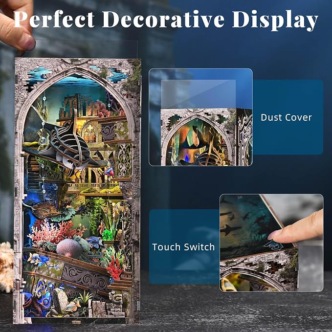 fifijoy Book Nook Kit - DIY Miniature Dollhouse Kit for Adults and Teens, 3D Wooden Puzzle Bookend with LED Light, Creative Bookshelf Decor Gifts for Family and Friends (Lost City of Atlantis)