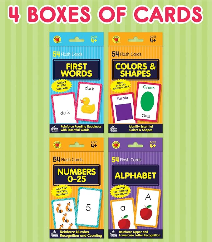 Carson Dellosa 216 Toddler Flash Cards, 4 Pack of Sight Words, Alphabet, Numbers, Colors and Shapes Flashcards Ages 4 and Up, Phonics and Math Kindergarten and Preschool Learning Activities