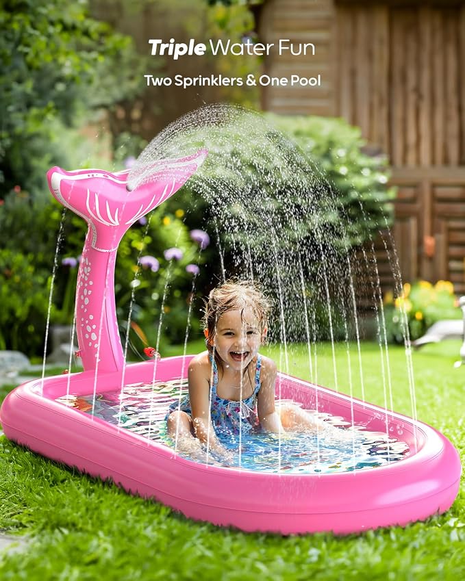 QPAU Splash Pads for Toddlers 1-3, Pink Mermaid Toy Splash Pad for Kids, Outdoor Play Mat for Babies, Inflatable Pool for Birthday Girl Gifts 1 Year Old Girl