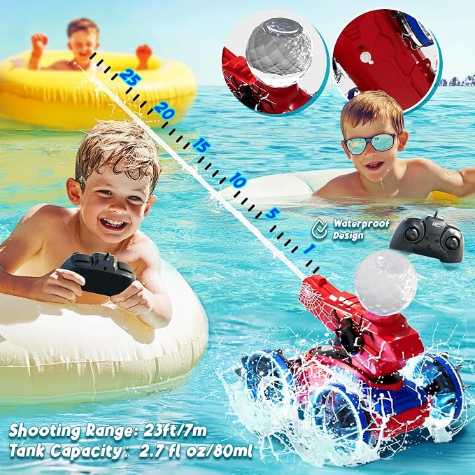 Spider Amphibious Remote Control Car for Boys Kids - 4WD Waterproof 2.4 GHz 360°Rotation RC Stunt Car - Water and Land Pool Toys Cars for 4 5 6 7 8 9 10 Year Old Boys Christmas Birthday Gifts