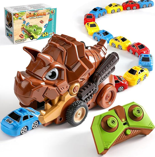 Remote Control Dinosaur Truck Toy Eat Cars for Kids 3-7 | RC Triceratops, 9 Mini Magnetic Cars, 2 Speed, 2.4G Rechargeable, Birthday Holiday Gift for Dino & RC Cars Lover