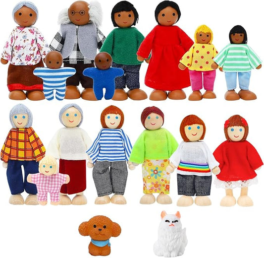 ONEST 17 Pieces Wooden Dollhouse Family Set Mini People Figures Dog Cat Sets Dollhouse Dolls Wooden Doll Family Pretend Play Figures Accessories for Pretend Doll House
