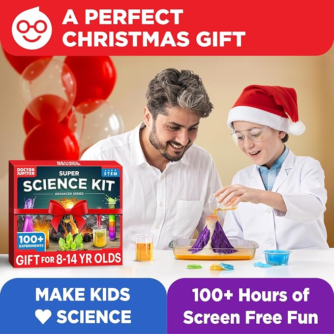 Doctor Jupiter Super Science Kit for Kids Age 8-12 | STEM Toys for Ages 8-9-10-11-12-13-14 with 100+ Experiments | Birthday Gift Ideas for Boys & Girls 8+ Years Old | Crystal Growing Chemistry Set