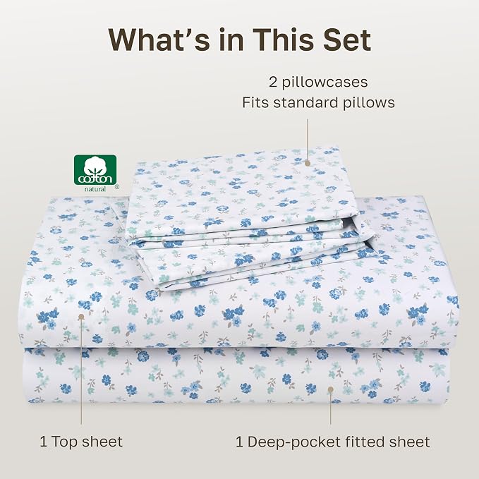 California Design Den Soft Full Size 100% Cotton Sheet Sets, 400 TC Good Housekeeping Award Winner, Smooth Sateen Finish with Deep Pockets, Cozy and Durable Full Bedding Set - Floral White/Blue