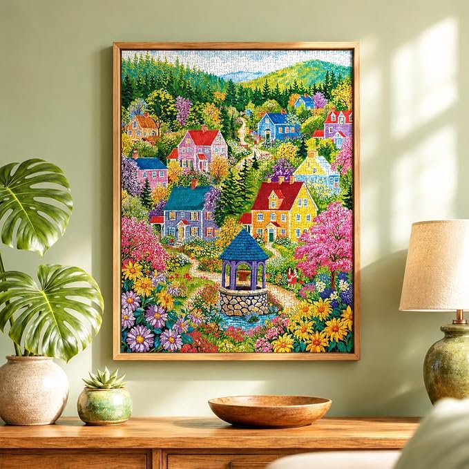 Cross & Glory - Sunshine at Wishing Well Lane - 1000 Piece Jigsaw Puzzle for Adults | Colourful New England Village Puzzle | Scenic Springtime Family Scene | Challenging and Relaxing