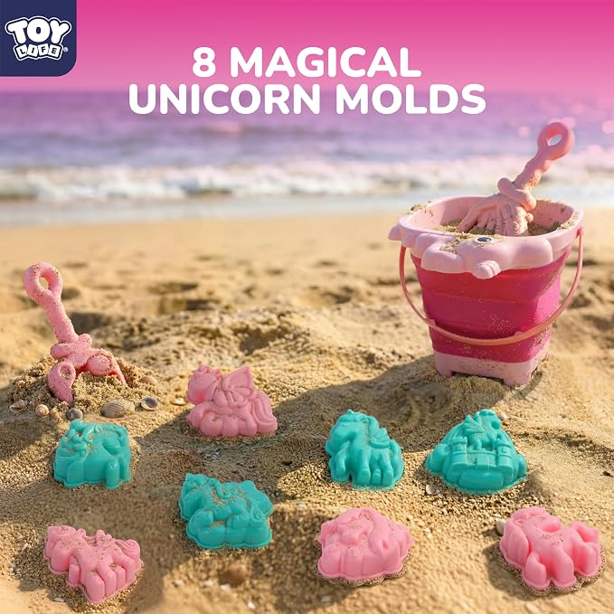 TOY Life Unicorn Beach Toys for Girls Ages 4-8, Collapsible Silicone Sand Toys Set with Bucket, Molds & Shovels, Travel Beach Toys, Sandbox & Snow Play, Unicorn Gifts for Kids