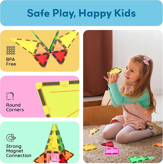 PicassoTiles Magnetic Tile Building Block Set with Squares and Triangles STEM Educational Construction Geometric Magnet Shape Kit for Brain Development Creativity and Learning for Kids Age 3 Plus PB12