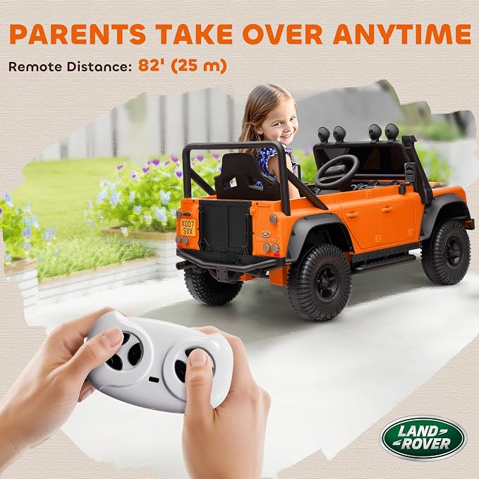 Qaba Land Rover 110SVX Licensed Electric Car for Kids, 12V Battery Powered Kids Ride On Car with Remote Control, Dual Motors, Spring Suspension, LED Lights, 3 Speeds Ride On Truck, Orange