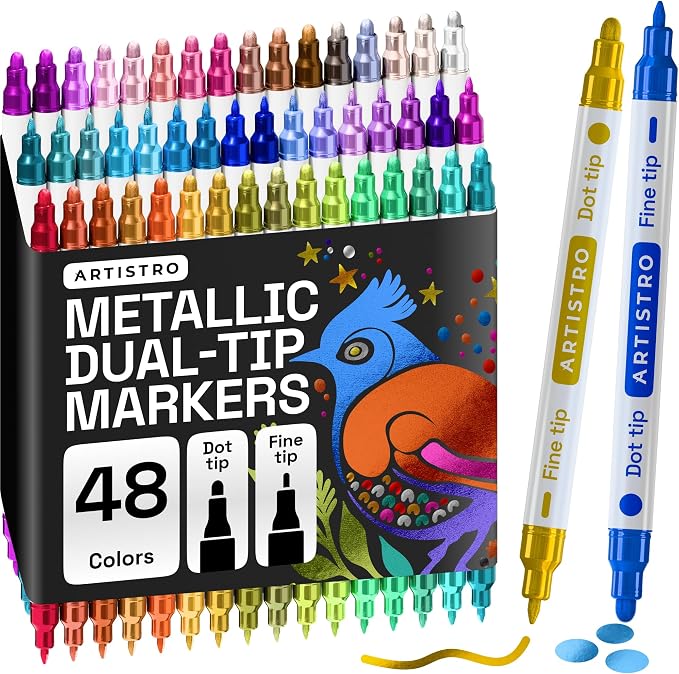 ARTISTRO 48 Metallic Dual-Tip Acrylic Paint Markers – Paint Pens Set with Dot & Fine Tips for Fabric, Rock, Glass, Wood, Coloring Books – Arts & Crafts Gift – Classroom Must Haves & School Supplies