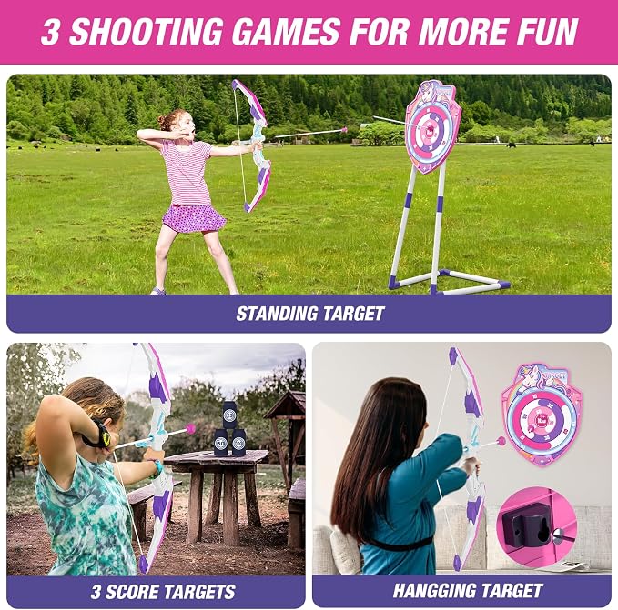 HYES 2 Pack Bow and Arrow for Kids 4-6, LED Light Up Archery Set with 24 Suction Cup Arrows, 1 Unicorn Standing Target, 6 Score Targets & 2 Quiver, Indoor Outdoor Sport for Girls Ages 8-12