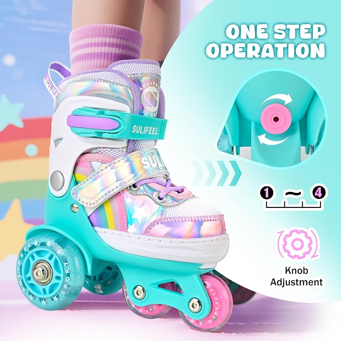 SULIFEEL Rainbow Unicorn 4 Size Adjustable Roller Skates for Girls Boys for Kids Ages 3-5 5-8 6-12 Children Skates Indoor Outdoor