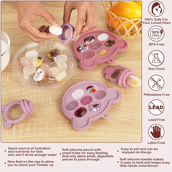 Baby Breastmilk Popsicle Molds & Baby Fruit Feeder (4 Pack), Infant Food Freezer Tray Storage Containers, Silicone Teething Pacifier Feeder and Teether for Babies,Silicone Feeder(Pink)