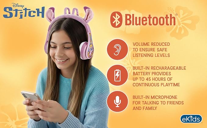 Disney Stitch Angel Bluetooth Headphones for Kids, Wireless Headphones for School, Home, or Travel (Angel)