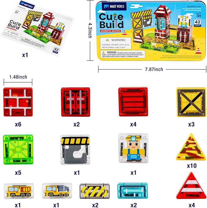 42PCS Mini Construction Magnetic Tiles Travel Set, Portable STEM Blocks with Metal Case, Montessori Educational Sensory Gifts for 3–5 Year-Old Boys