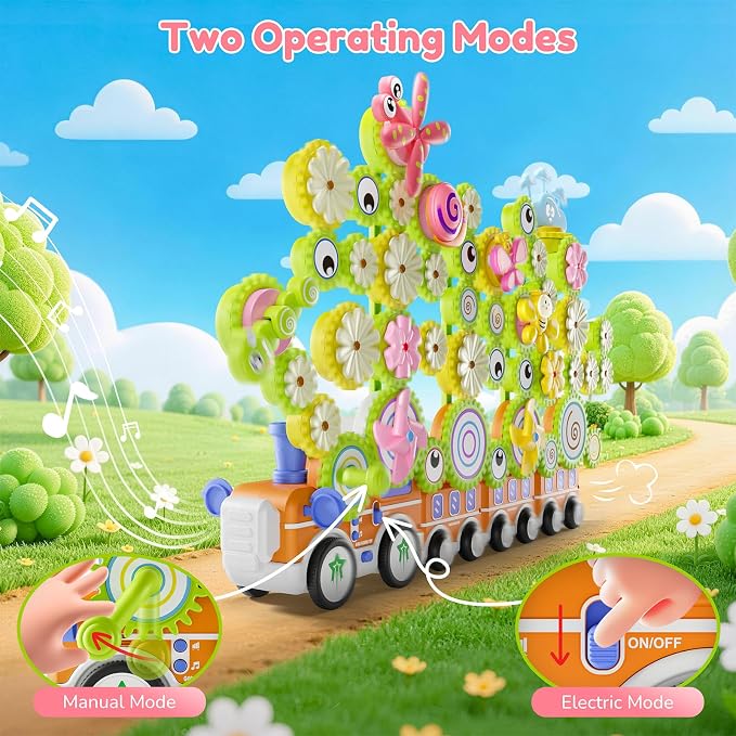 Gears Building Toys for Kids Ages 3+, STEM Construction Set for Toddlers, Train and Flower Models with Electric & Manual Modes, Lights and Music, DIY Educational Learning Toys Gift for Boys and Girls