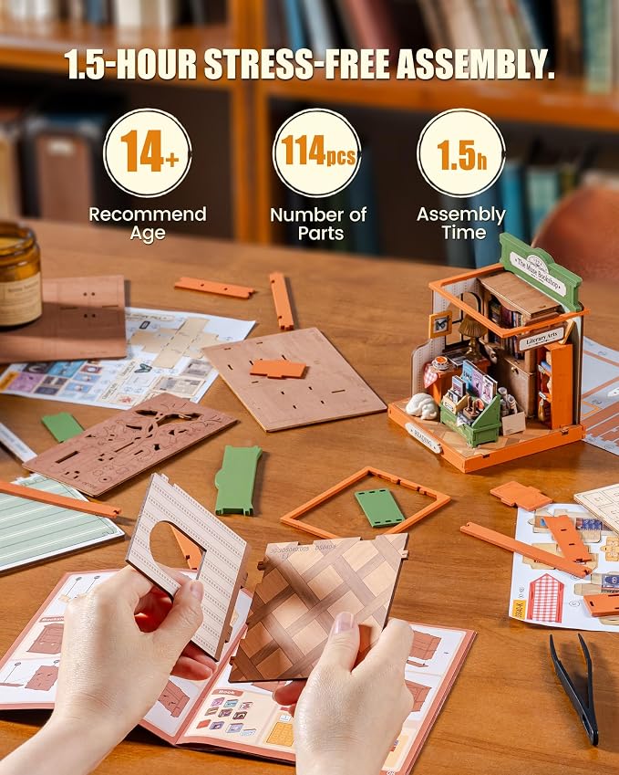 Robotime DIY Miniature House Kit for Adults, 1:28 Diorama Dollhouse with LED Lights, 3D Wooden Puzzles for Adults, Creative Crafts & Unique Gift for Craft Enthusiasts (The Muse Bookshop)