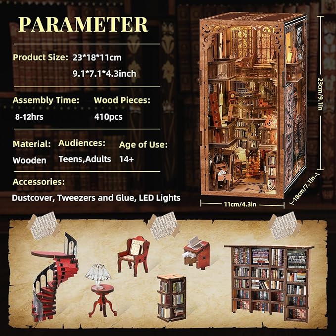 MiniCity Book Nook Kit, DIY Miniature Dollhouse Booknook Kit, 3D Wooden Puzzle Bookend Bookshelf Insert Decor with LED Light for Teens and Adults (Abbey Library)
