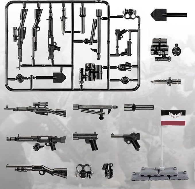 63 Pcs Battle Blocks Bricks Weapons Pack Military Weapons Accessories German WW2 Weapons Toys Military Equipment Compatible with Major Brand, 3 Years Old and up