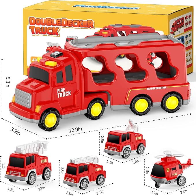 FunMission Toddlers Fire Truck for Kids 3-9 Year Old，5 in 1 Friction Power Vehicle Car for 3 4 5 6 7 Years Old Boys Girls，Carrier Truck Transport Toys for Christmas and Birthday Gifts