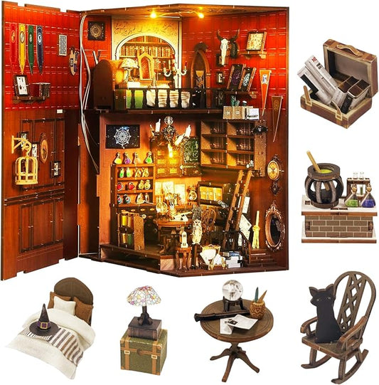 Book Nook Kit for Adults, DIY Dollhouse Booknook, 3D Wooden Puzzle, DIY Miniature Dollhouse Kit with Led Light for Adults Teens 14+, Decor Crafts for Friends Gifts