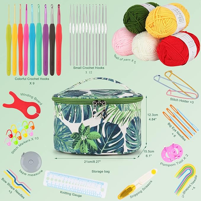 Aeelike Crochet Kits for Beginners with Yarn, Learn to Crochet Set Included Crochet Hooks Supplies DIY Tools,Crocheting Kit for Adults Kids with Portable Green Leaves Bag