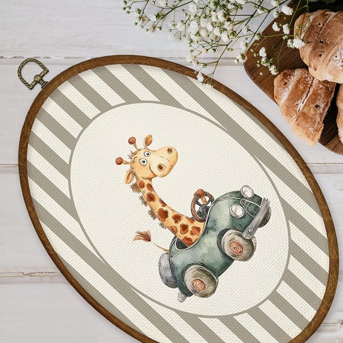 WULQYING Vintage Giraffe Race Car Nursery Wall Art Decor, Kids Oval Framed Canvas Art Prints, Neutral Striped Giraffe Driving Car Wall Hanging Decor for Kids Boy Nursery Room Playroom, 8.5x11.4 Inches