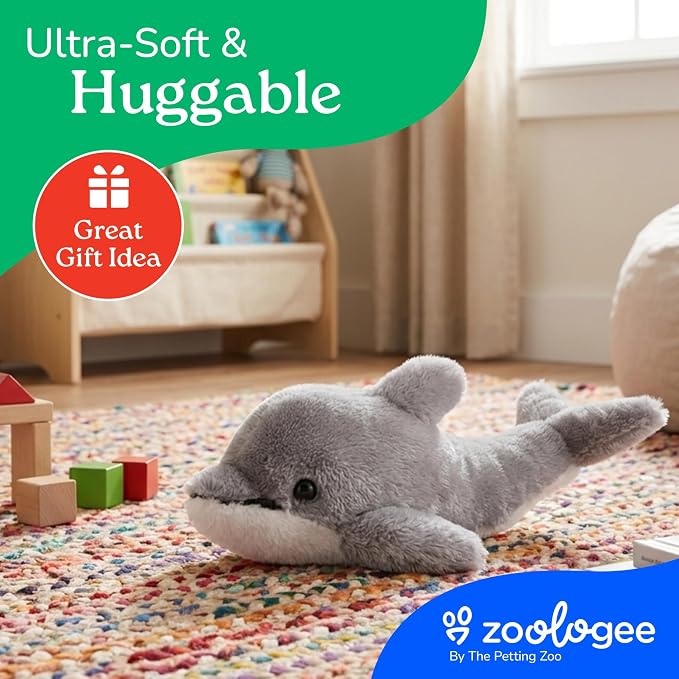 The Petting Zoo Dolphin Stuffed Animal Plushie, Gifts for Kids, Scoopz Sealife Animals, Grey Dolphin Plush Toy, 8 inches