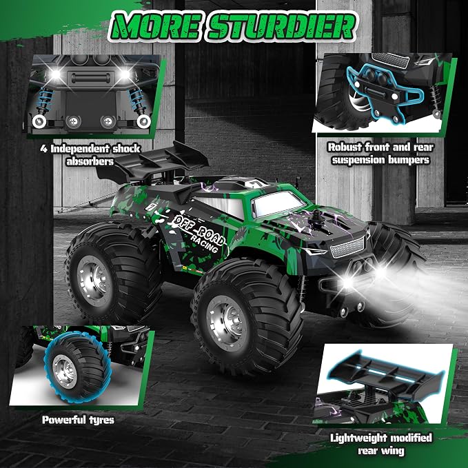 Remote Control Car, All-Terrain Remote Control Truck for Boys 8-12, Headlight, Dual Motors, 1:20, 10KM/H, 2.4GHZ, Speed-Friendly, Sturdy, Rechargeable RC Cars for Beginner, Kids 6+(Green)