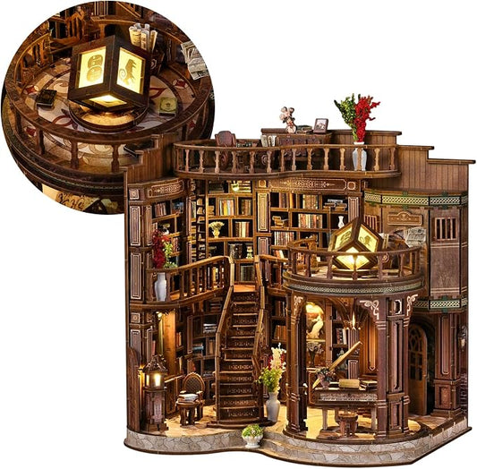 fifijoy DIY Miniature Dollhouse Kit - DIY Miniature House Kit with LED Lights, 3D Wooden Puzzle Library Bookshelf Decor for Adults, Creative Gift for Family, Friends (Dreamy Book Hall)