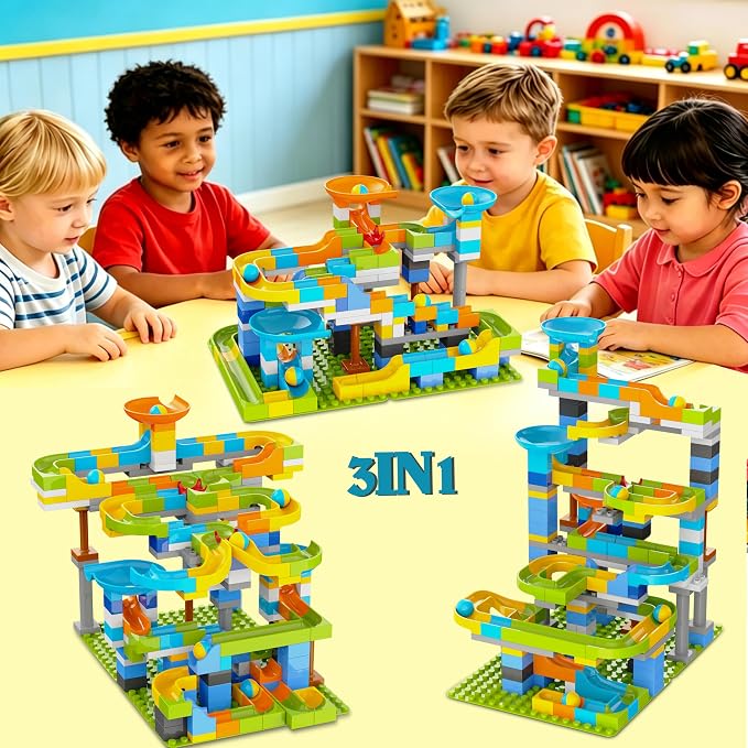 3in1 Marble Runs for Kids 3-5, 203pcs Compatible with LEGO DUPLOS for Age 2-5, Marble Runs for Kids 4-8, STEM Building Toys, Toddler Toy, Marble Track, Marble Run Toy, Montessori Toy Gift for Age 3+