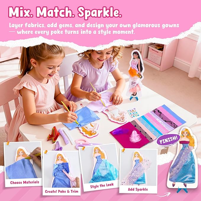 Poke-in Fashion Designer Kit for Girls, No-Sew DIY Craft Toys with 6 EVA Mannequins & Real Fabric, Safe & Non-Toxic Creative Dress Up Activity, Mess-Free Arts and Crafts Gift for Girls Age 5-12