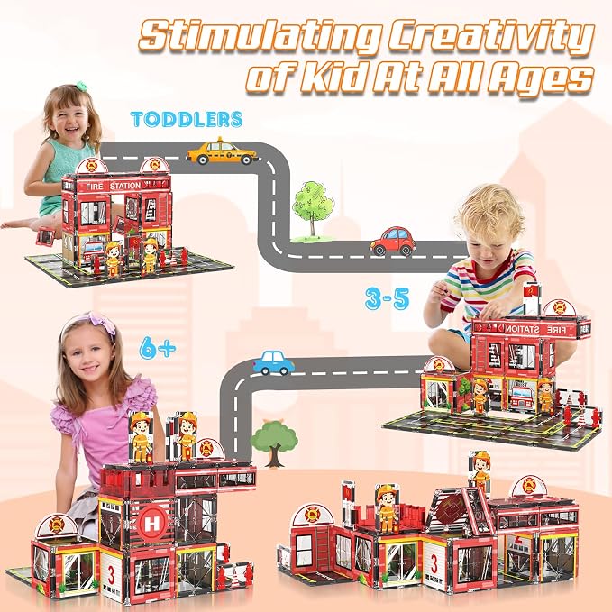 AFUNX Magnetic Tiles, 50PCS Fire Station Theme Building Blocks Set, Magnet Building Blocks and STEM Preschool Toys for Toddlers Kids Ages 3-5 5-7 8-10