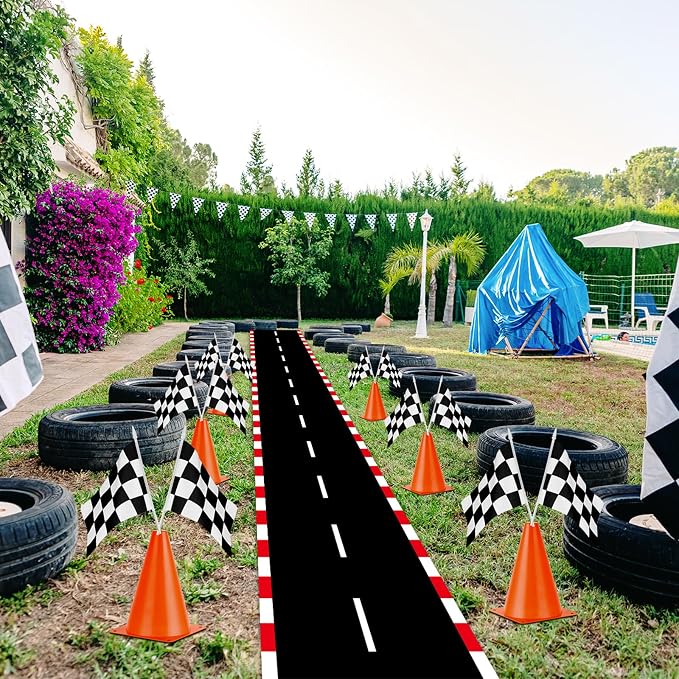 Racetrack Floor Running Black Racer Party Decoration Mat Road Table Runner Long Racetrack Tablecloth Drag for Party (Stripe Style,16 ft x 2 ft)