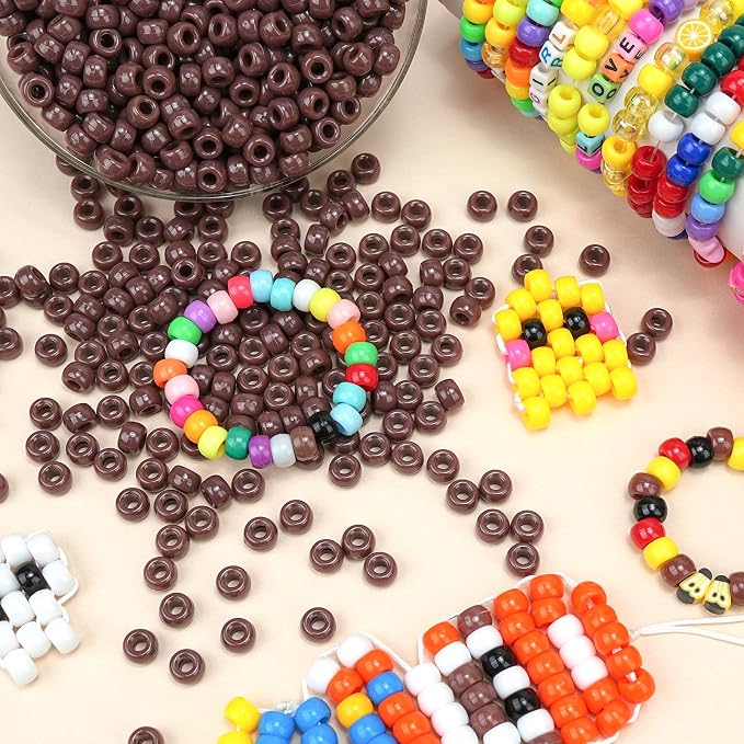 Dowsabel Brown Pony Beads Bulk 1000 Pcs 6x9mm, Large Hole Kandi Hair Beads for Braids Bracelets, DIY Friendship Bracelets Necklaces Jewelry Making Crafts and Gifts