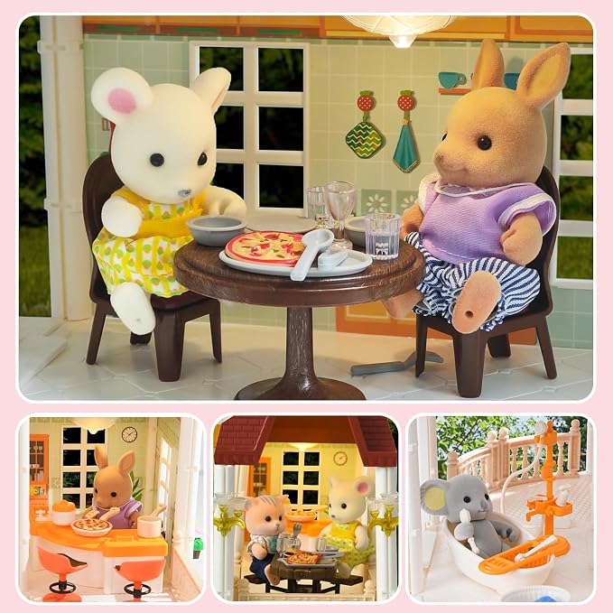 TUZT Doll House with 45 Pcs Furniture and Accessories, 3-Story with 4 Animal Dolls, Food Cooking Set, Warm Lights, Pool Slide and Movable Elevator, Pretend Play Dream Dollhouse for Girls 3+