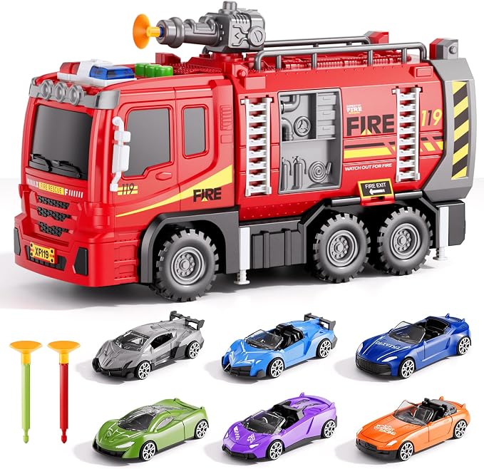 Fire Trucks Toy Set for Boys Age 3-5 4-7, Fire Car Truck for Toddlers 3 4 5 6 Years Old, Transport Truck Christmas Birthday Gifts Race Car Sets, Kids Toddlers Firetruck Toys with Light Sound Shooting
