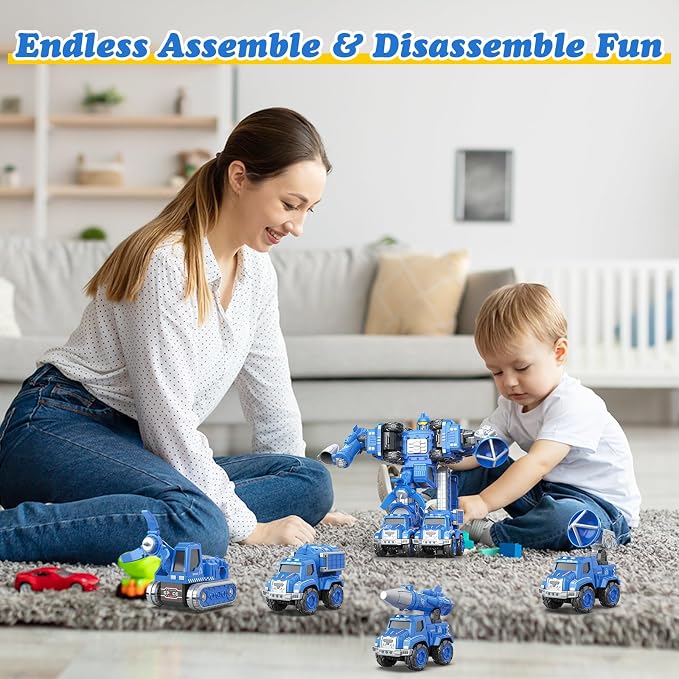 Toys for 3 4 5 6 Year Old Boys– 5-in-1 Detachable Construction Vehicles Set–Transform Robot Kids Toys Cars– Easy DIY Toys for Ages 5+ – Gifts for Boys Girls Birthday Christmas Easter
