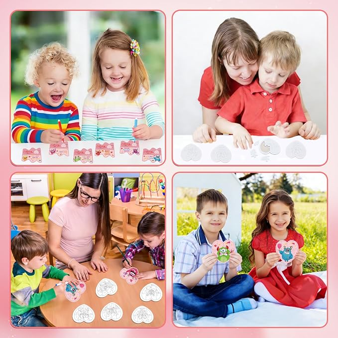 Fennoral 24 Pack Valentines Day Gifts for Kids Classroom Color Your Own Heart Monster Jigsaw Puzzles with Card DIY Coloring Valentine's Day Craft Kit Art Activities Valentines Party Favor Supplies