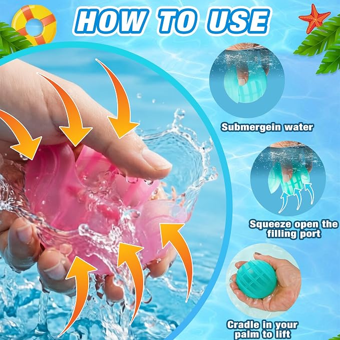 12 Pack Reusable Water Balloons, Squeeze Self-Sealing Quick Fill Silicone Water Bombs, Water Fight Toys for Summer Outdoor Pool Beach Backyard Games for Kids & Adults