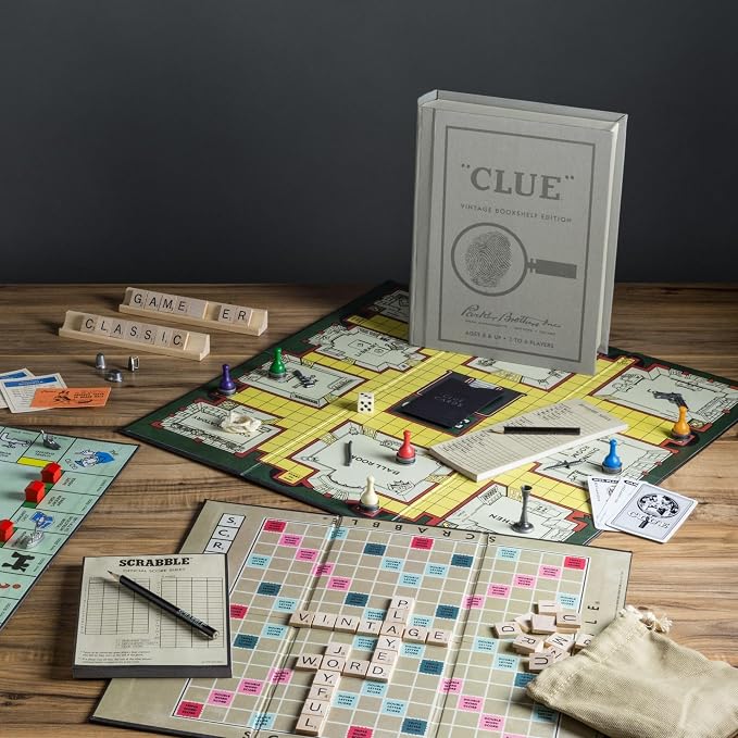 WS Game Company Collection of 15 Vintage Bookshelf Board Games Including Scrabble, Monopoly, Clue, Yahtzee, Chess, Boggle, Candy Land, Connect Four, & Sorry! - Classic Family Games for Kids & Adults
