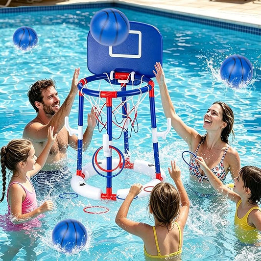 Taotuo Blue Floating Pool Basketball Hoop with Backboard, 2-in-1 Poor Toy Basketball & Ring Toss Game with 4 Balls, 6 Rings&Pump, Summer Pool Toys Outdoor Water Fun Family Party for Age 3-12