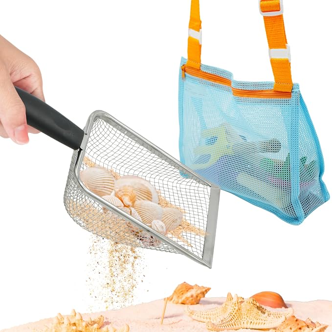 4E's Novelty Shark Tooth Sifter for Beach with Small Mesh Beach Bag for Shell Collecting, Metal Sand Scoop for Picking Up Shells - Beach Toys for Kids (1 Set)