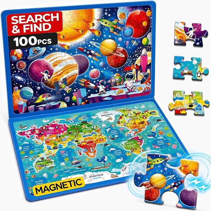 QUOKKA Magnetic Puzzles for Kids Ages 4-6 – 100 PCS Magnetic Puzzle Book for Toddlers 3-5 – 2 Puzzles & 2 Spot The Difference Maps – Search & Find Travel Games – Space, World Map Toddler Travel Toys