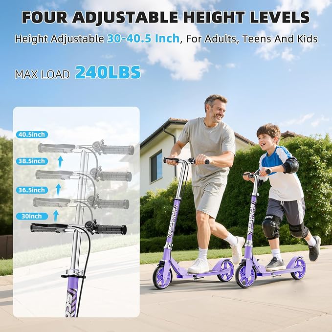 Scooters for Kids 8-12, Teens & Adults - Lightweight, Foldable, 8-Inch Big Wheels, Hand Brake & Bell, 4 Adjustable Height Levels, 240 lbs Max Load, Perfect for School, Campus and Park Rides