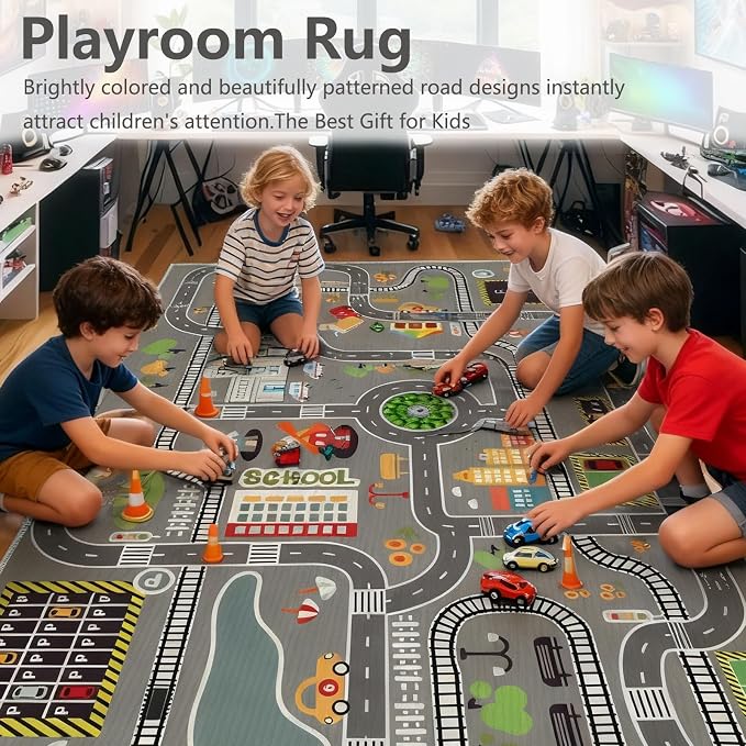Car Rug Play Mat Road Rug,Kids Carpet Playmat Rugs City Life Great for Playing with Cars and Toys,Children Educational Race Track Rugs with Non-Slip Rubber Backing for Playroom Bedroom Classroom