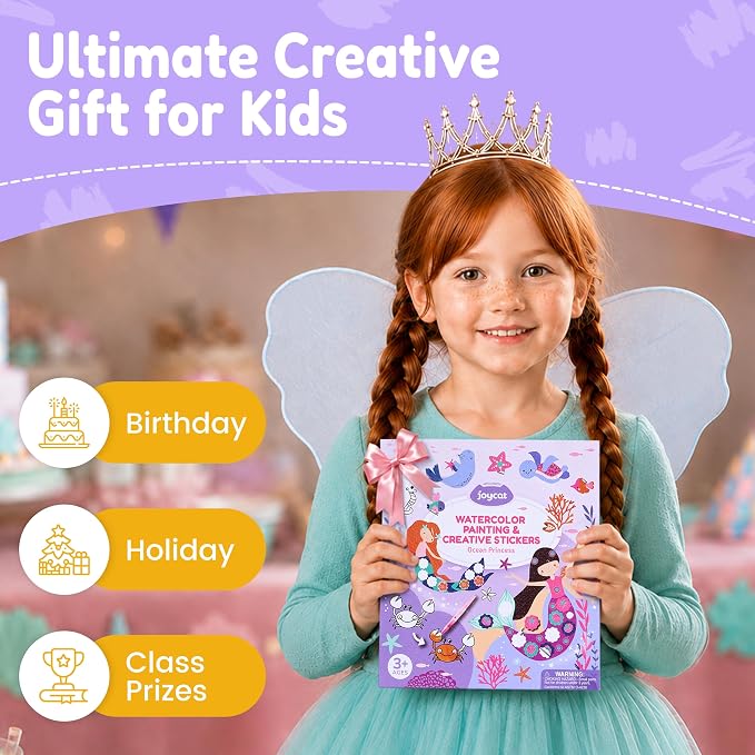 JoyCat Paint with Water Coloring Books & Creative Sticker(Ocean Princess) | Watercolor & Sticker Activity - 200 Pcs Stickers for Kids, Toddler Painting Set, Art & Craft Travel Toy Gifts for Boys Girls