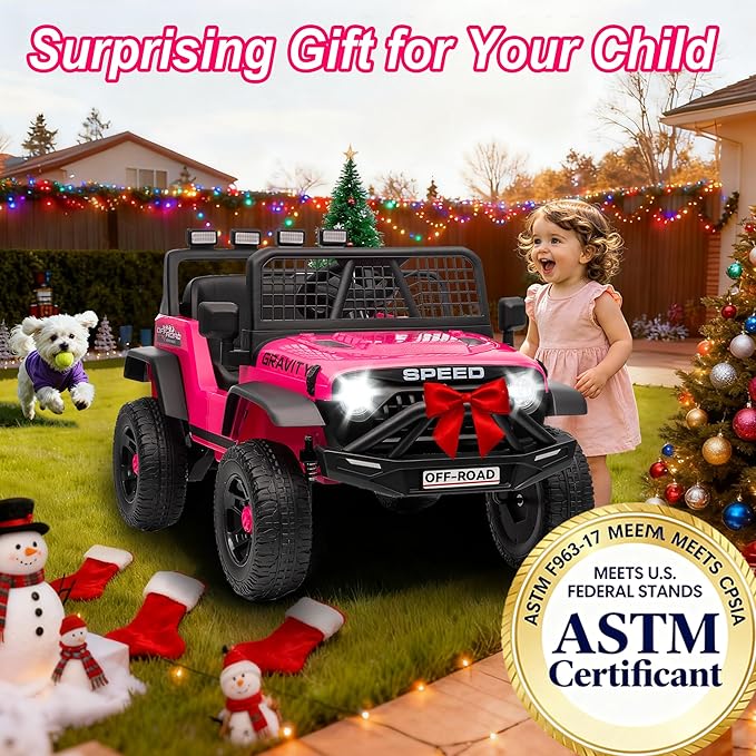 24V Jeep Power Wheels w/Remote Control, 4WD Ride on Truck Car, 3 Speed, Bluetooth Music, Wide Seat, Spring Suspension, LED Light, Birthday for Boys Girls Toddler (Black+Pink)